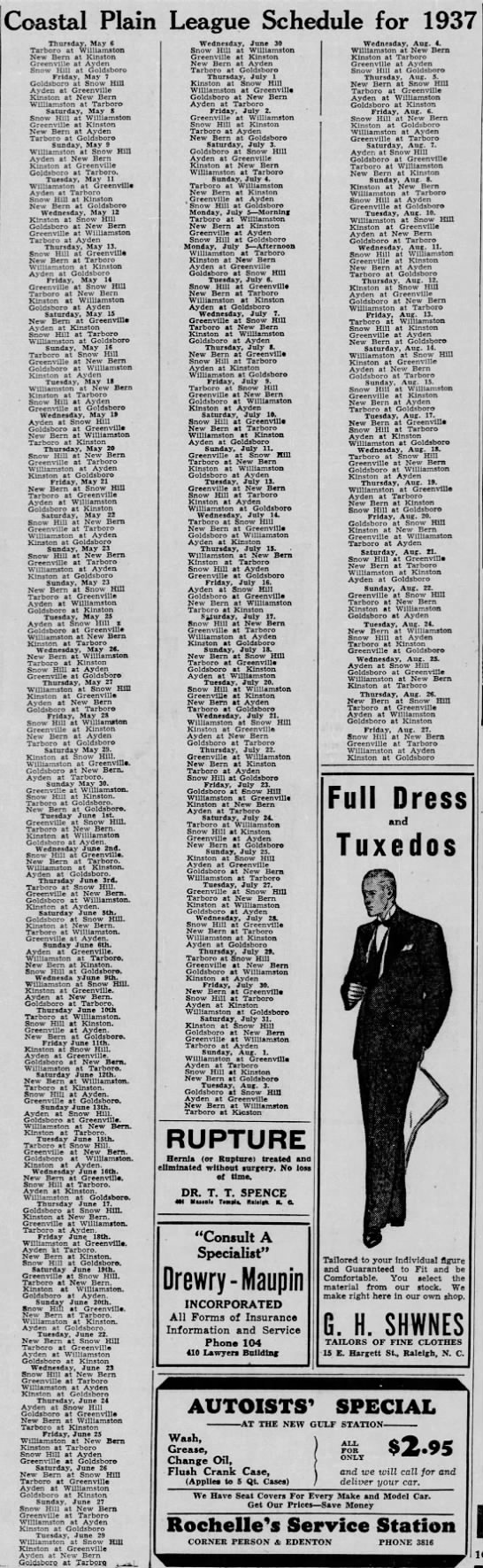 1937 Coastal Plain League schedule - 