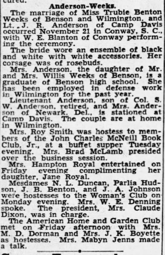 Wedding of  James R. Anderson to Trubie Benton Weeks - 