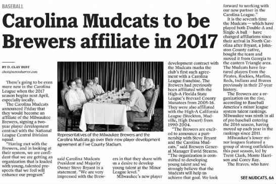 Carolina Mudcats to be Brewers Affiliate in 2017 - 