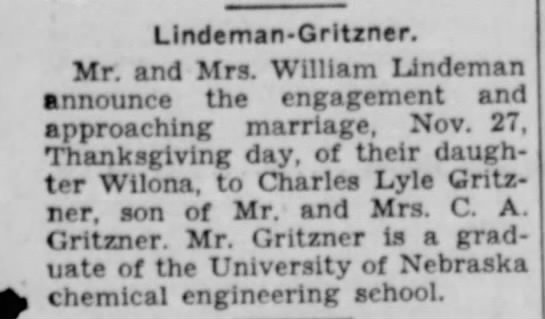 Charles Lyle Gritzner marries Wilona Lindeman