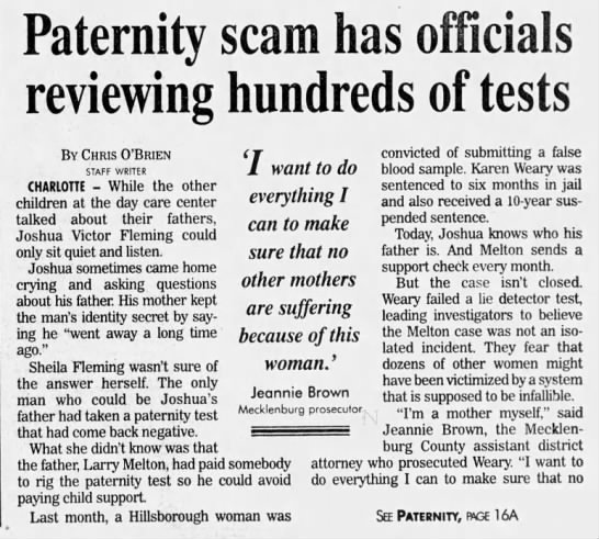 Paternity scam has officials reviewing hundreds of tests PART 1 (Raleigh News & Observer 8/3/1995) - 