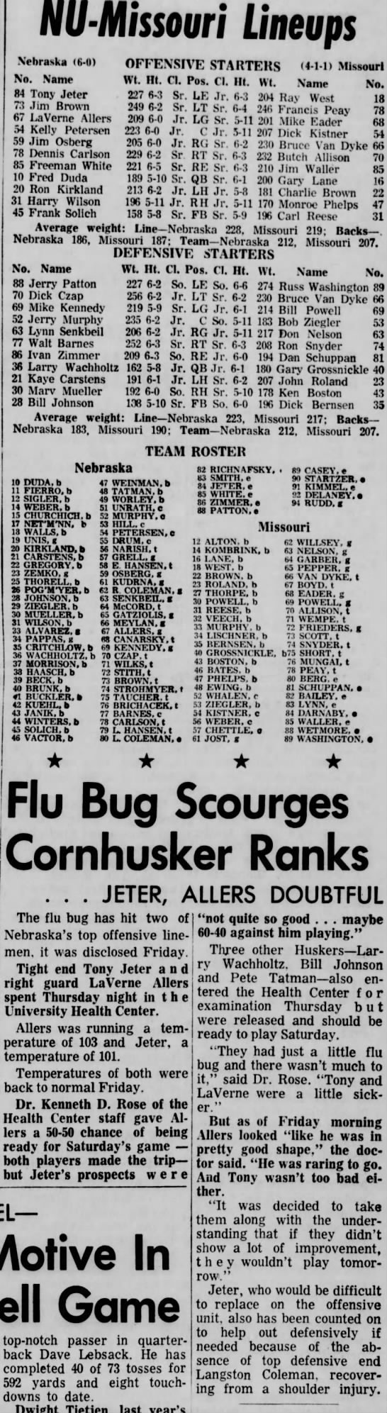 1965 Nebraska-Missouri game lineups - 