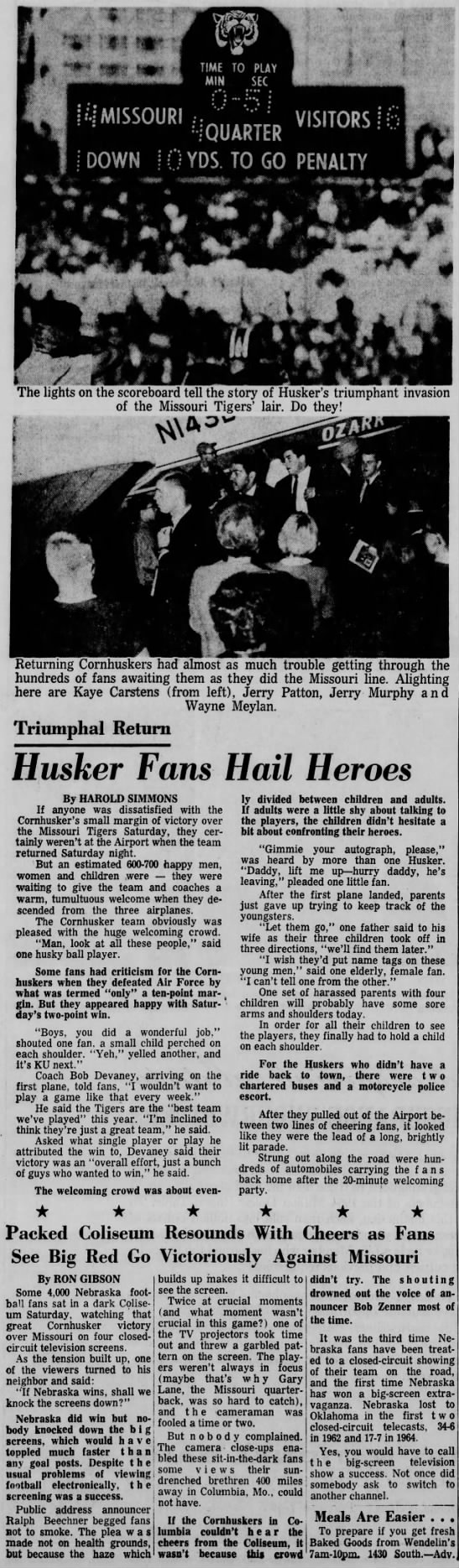 1965 Nebraska-Missouri football, page one coverage - 