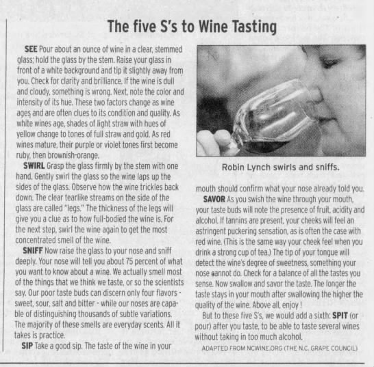 "The five S's of Wine Tasting -- See, Swirl, Sniff, Sip, Savor (Spit)"(2005). - 