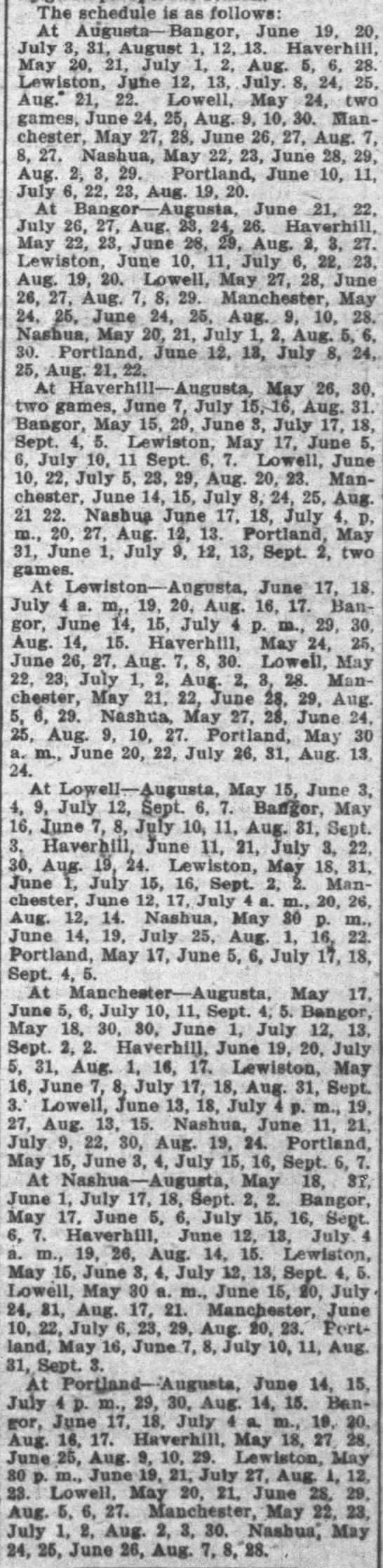 1901 New England League schedule - 