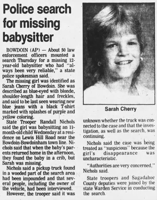 Police search for missing babysitter, The Bangor Daily News, 08 Jul 1988 - 