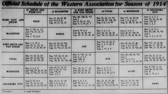 1914 Western Association schedule - 