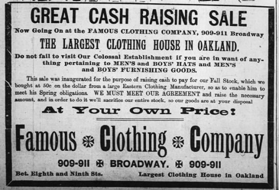 Famous Clothing Company - Oakland Tribune May 27, 1892 - 