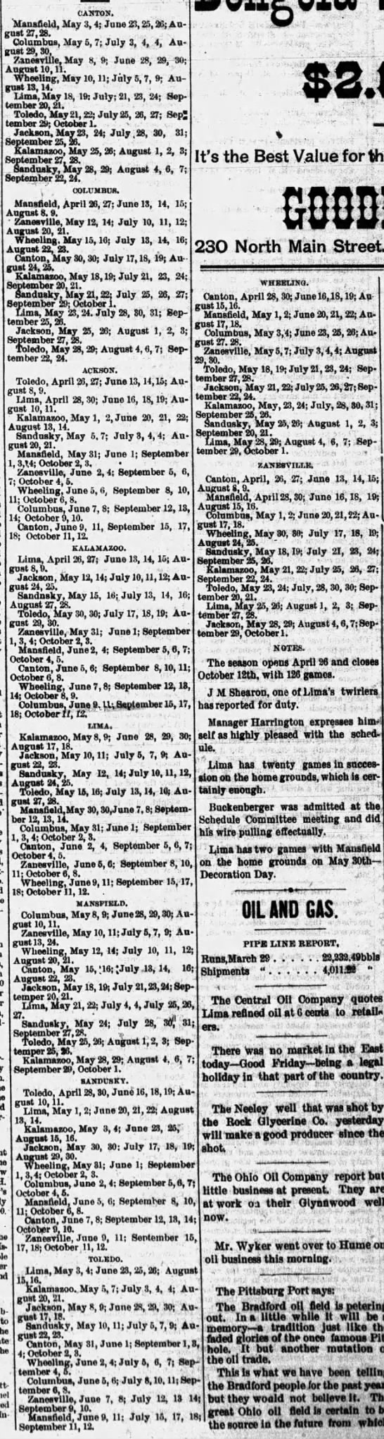 1888 Tri-State League schedule - 
