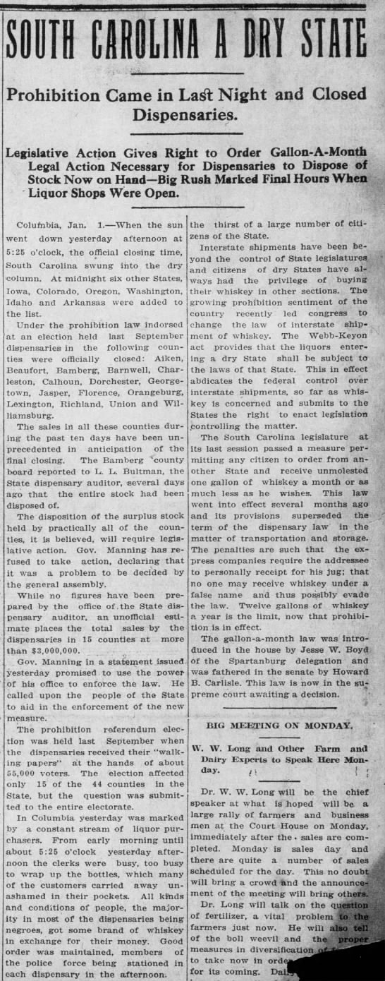 Prohibition comes to South Carolina - January 1, 1916 - 