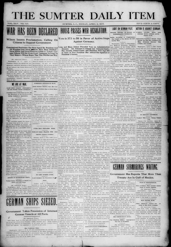 Sumter Daily Item - WWI Declared - 