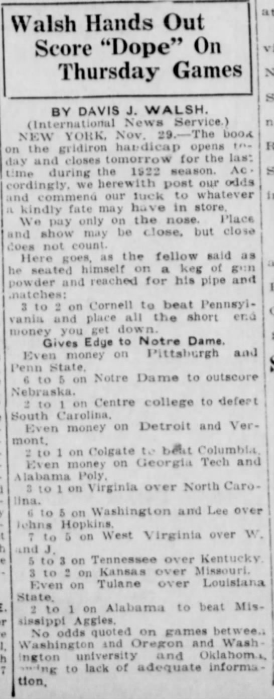 1922 Notre Dame-Nebraska football odds - 
