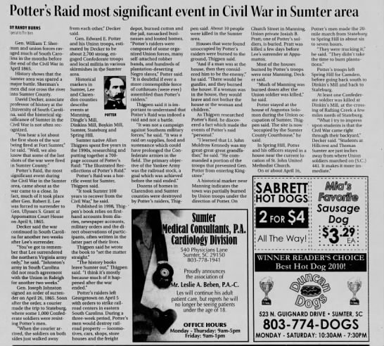 Potter's Raid significant Civil War event in Sumter area - 