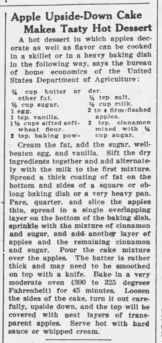 "Aunt Sammy's" popular Apple Upside-Down Cake, 1931 - 