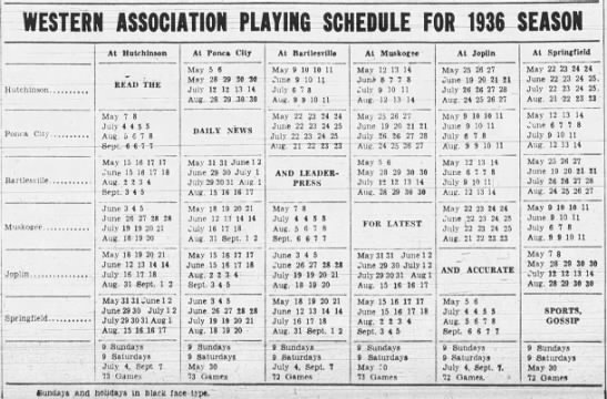 1936 Western Association schedule - 