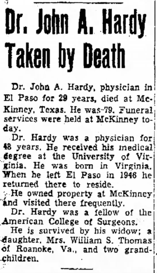 Dr. John A. Hardy Taken by Death - 