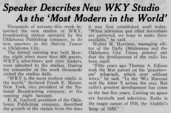 Speaker Describes New WKY Studio As The 'Most Modern in the World" - 