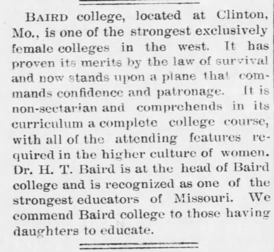 Baird College, Fort Scott Weekly Monitor (Fort Scott, Kansas) July 30, 1891, p 4 - 