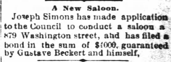 Joseph Simons applies for saloon at 879 Washington - 