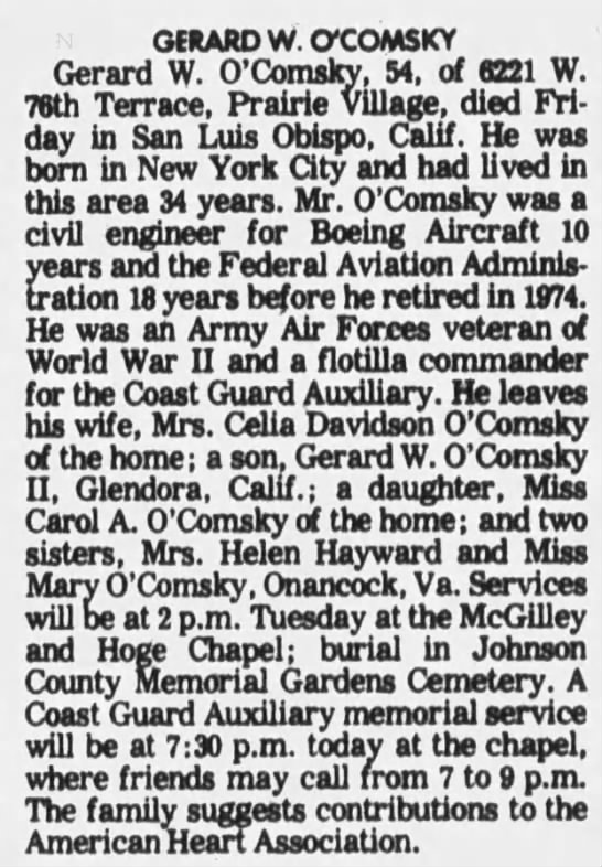 Obituary for Americanl GERARD W O'COMSKY (Aged 54) - 