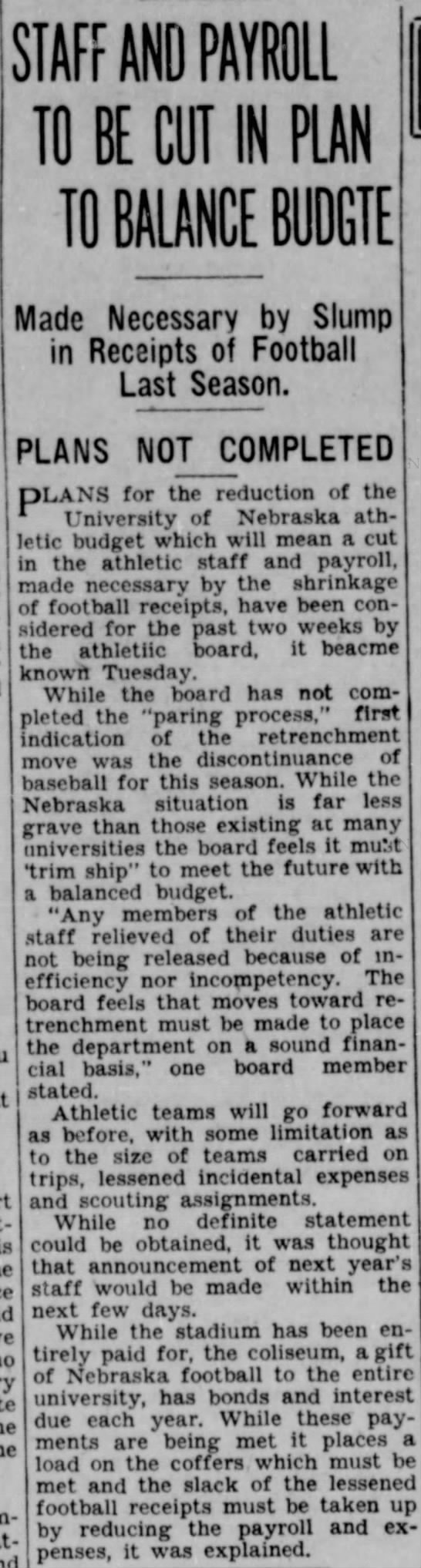 1932 Nebraska athletic department tight finances - 