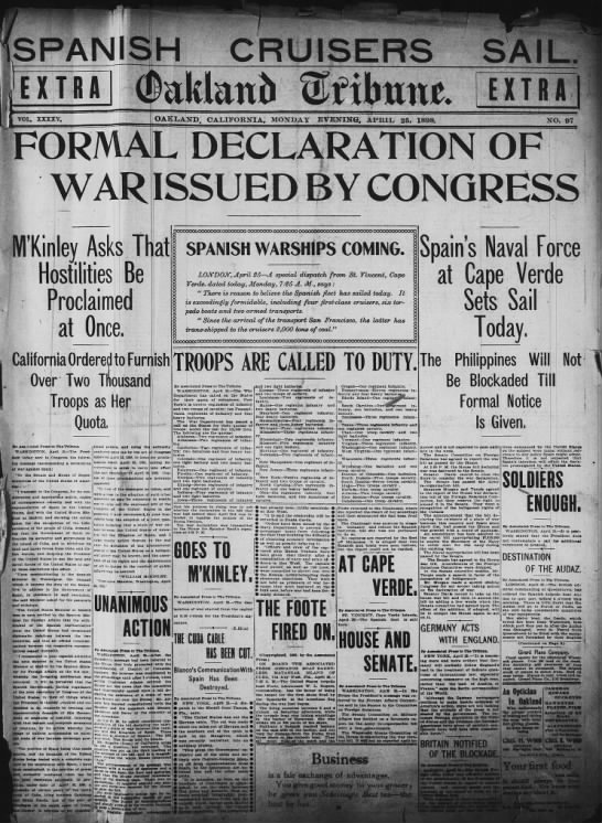 U.S. Congress formally declares war on Spain on April 25, 1898 - 