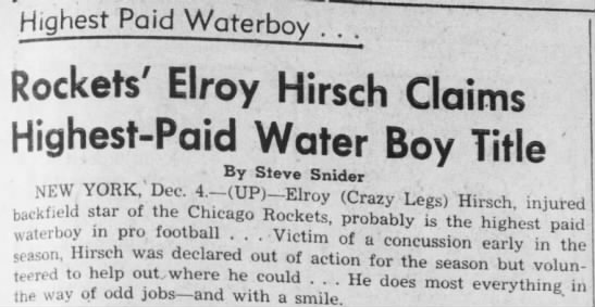 Rockets' Elroy Hirsch Claims Highest-Paid Water Boy Title - 