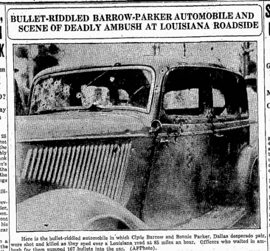 Photo of the bullet-riddled car Bonnie and Clyde were killed in - 