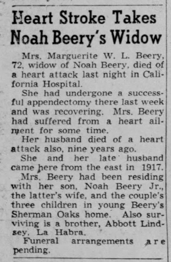 Death announcement for Marguerite Beery, widow of actor Noah Beery, Sr. - 