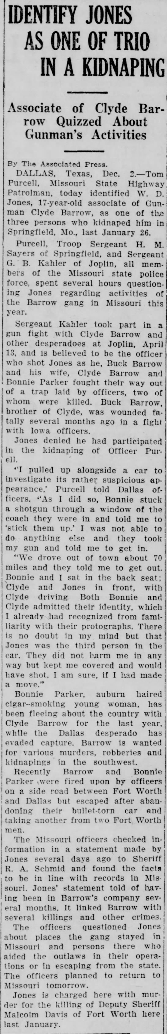 Associate of Bonnie and Clyde accused of kidnapping a highway patrolman in December 1933 - 