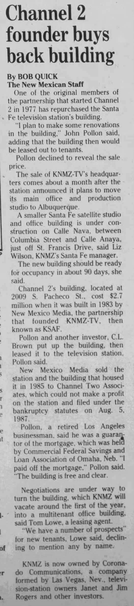 Channel 2 founder buys back building - 