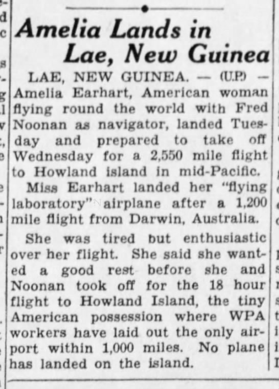 Amelia Earhart lands in Lae, New Guinea - 