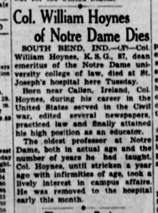 Col. William Hoynes of Notre Dame Dies - 