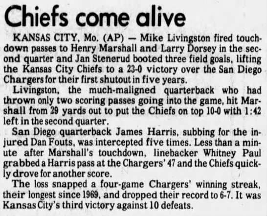 Chargers 0-23 Chiefs, 27 Nov 1978 - 
