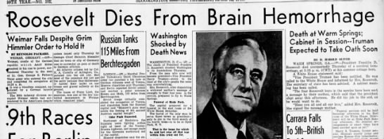 Roosevelt Dies From Brain Hemorrhage - 