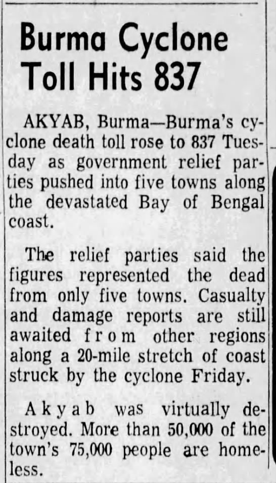 Burma Cyclone Toll Hits 837 - 