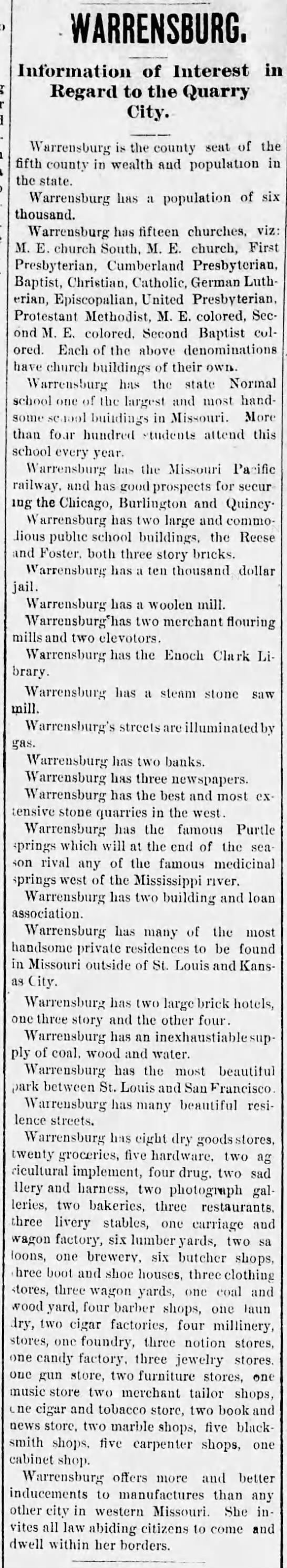 warrensburg information of 1886 - 