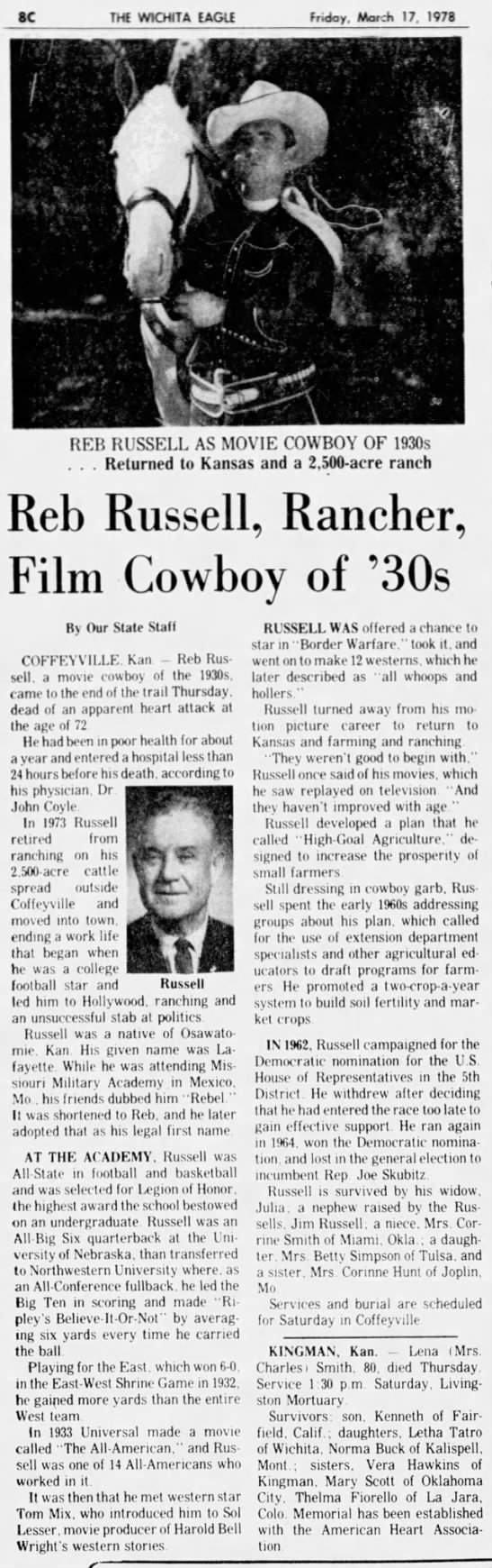 1978 death notice for Lafayette H. Russell. He was western movie hero "Reb Russell". - 