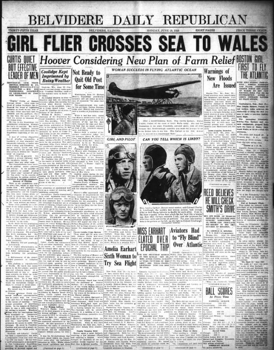 News stories of Amelia Earhart’s successful flight to Britain - 