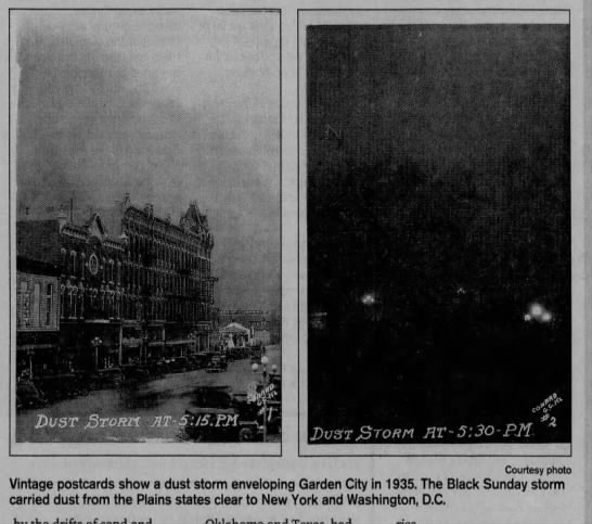 Vintage postcards show dust cloud enveloping Garden City, Kansas during the Black Sunday storm - 