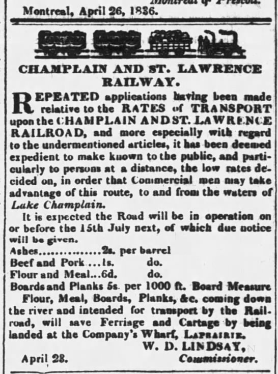 The Champlain and St. Lawrence Railway set to open in 1836 - 