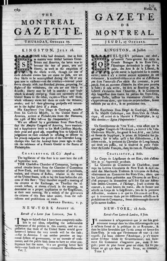 Montreal Gazette French-English bilingual paper 1785 - 