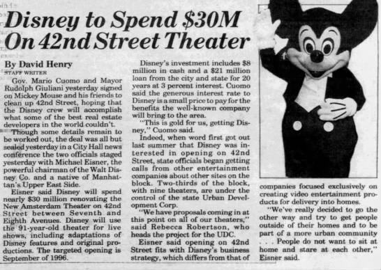 Disney to Spend $30M On 42nd Street Theater/David Henry - 