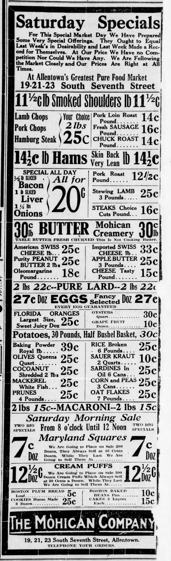 Grocery store ad, Allentown, PA, Jan 1915 - 