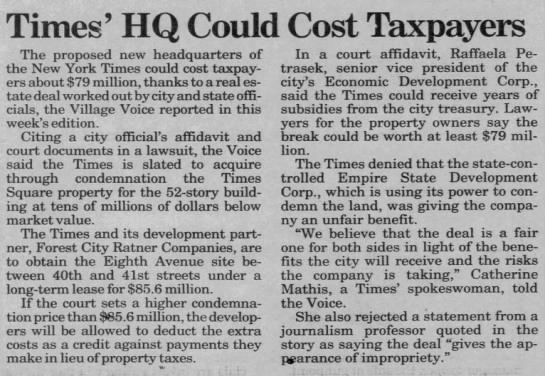 Times' HQ Could Cost Taxpayers - 