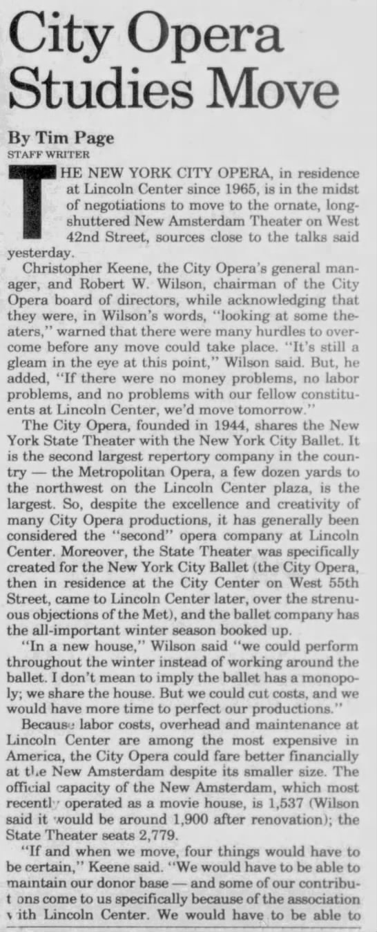 City Opera Studies Move/Tim Page - 