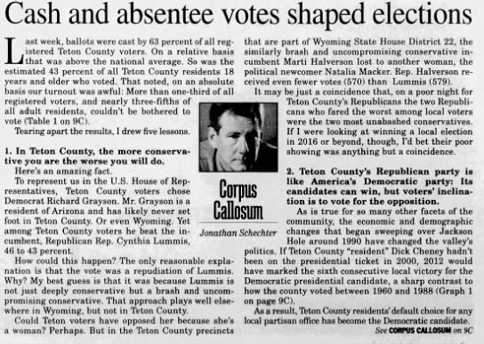 "Cash and absentee votes shaped elections," Jackson Hole News and Guide, 11/12/14 - 