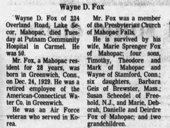 Obituary for Wayne D Fox - 
