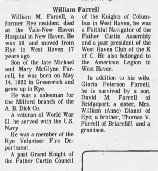 Obituary for William M Farrell (Aged 58) - 