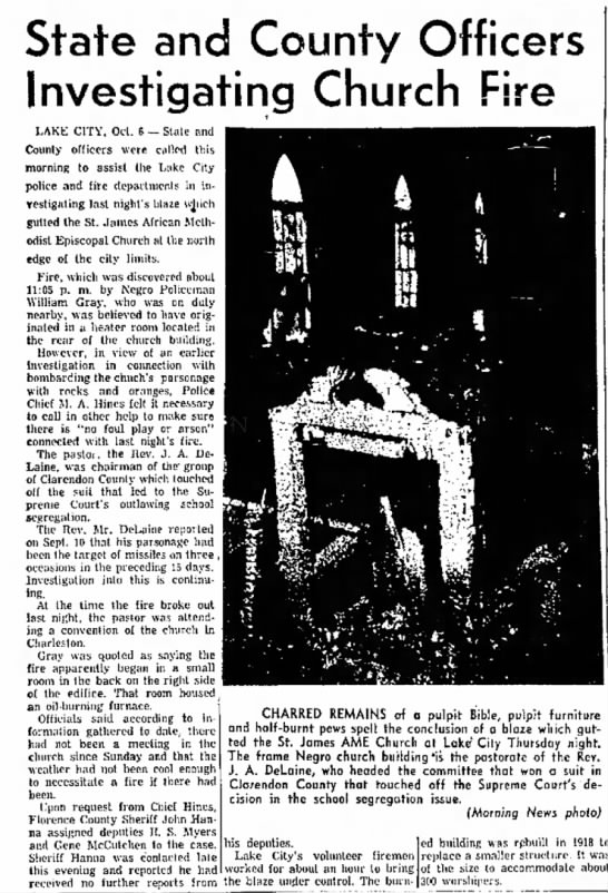 Burning of a black church, St. James AME Church, Lake City, SC, 1955 - 